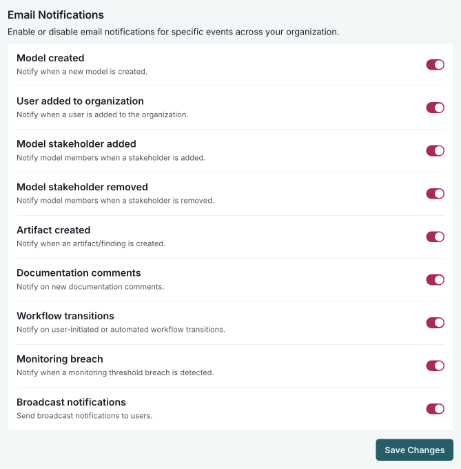A screenshot of the ValidMind platform showing a notification settings page. The screenshot displays a notification settings page with options to customize email notifications for different event types.