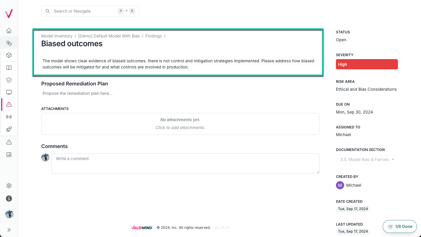 A screenshot of an artifact with details about severity, remediation status and documentation reference
