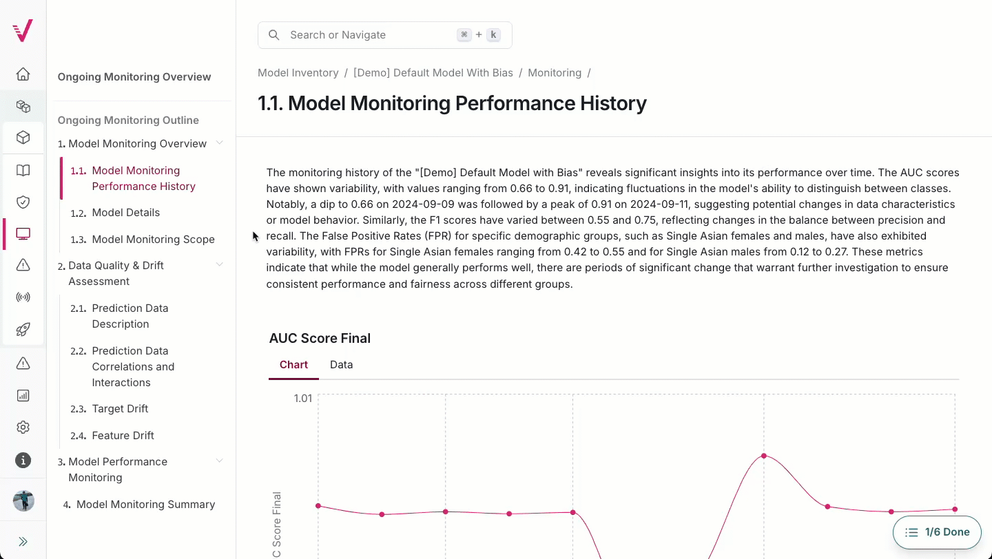 An animation of ongoing model monitoring being scrolled through on the ValidMind Platform showing performance metrics and potential issues
